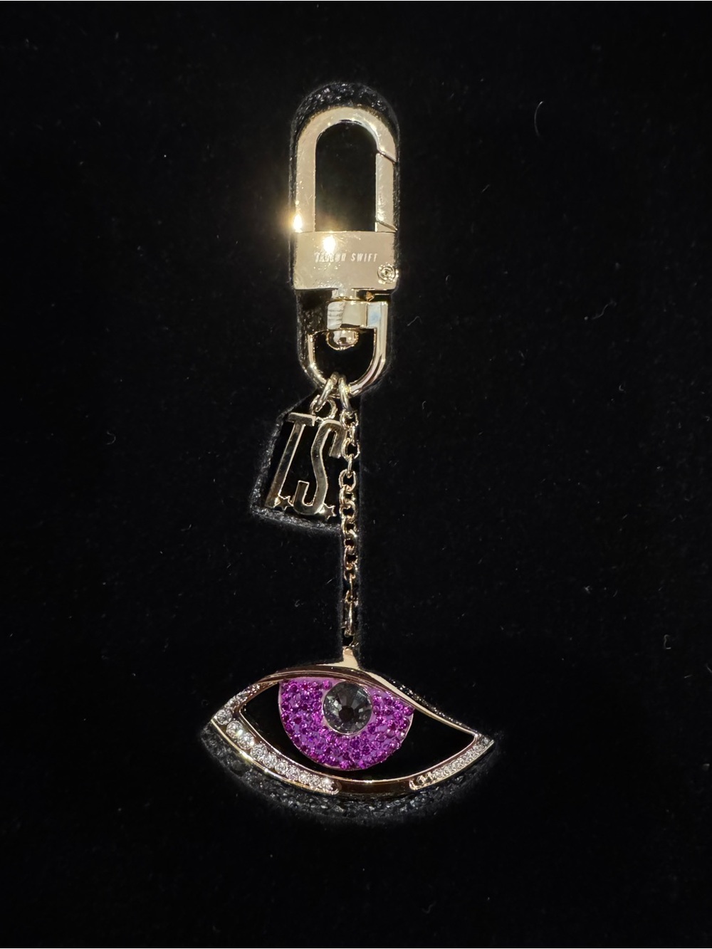 Taylor Swift Gold Tone Keychain with Purple Crystal Eye and TS Tag